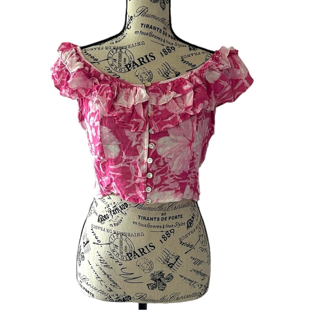 Cynthia Rowley Pink Floral Off The Shoulder Crop Top